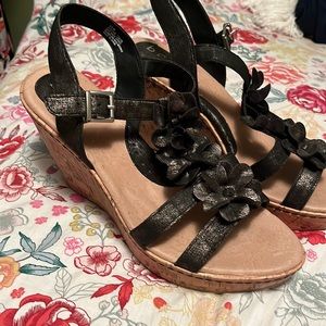 B.o.c brand black metallic 3 inch wedge sandals with cork type base, size 11